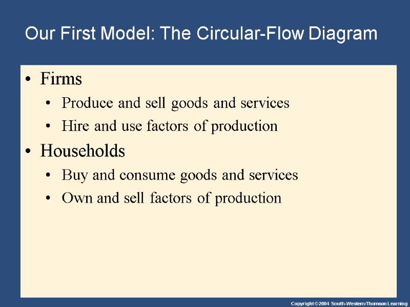 Our First Model: The Circular-Flow Diagram Firms  Produce and sell goods and services